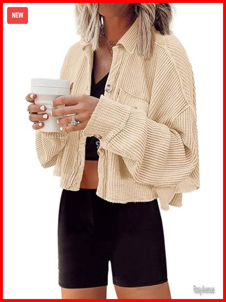 Women's Cropped Waffle Knit Shacket Button Down Jacket With Pocket